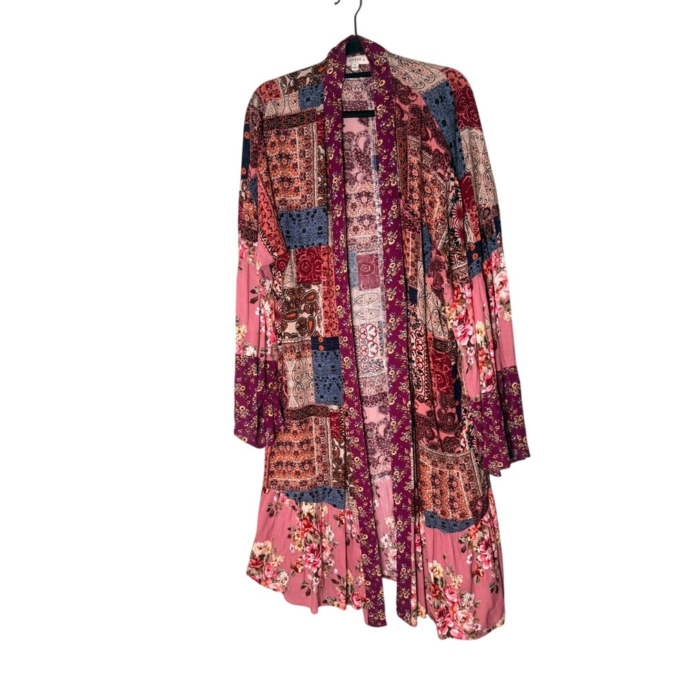 Umgee USA Pink Purple Patchwork Floral Boho Kimono Duster Cardigan 1XL Womens